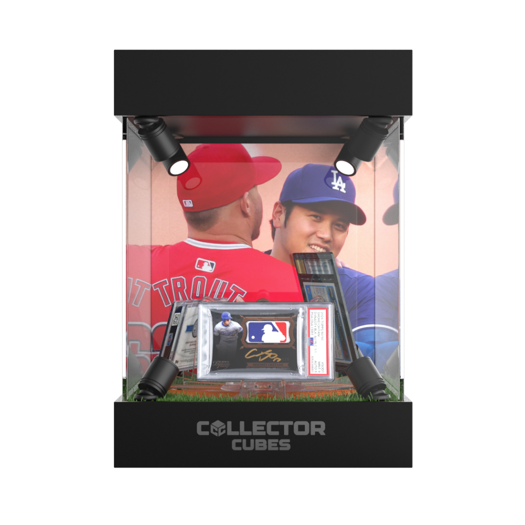 Acrylic trading card display case with LED lighting & rotating base - Baseball edition.