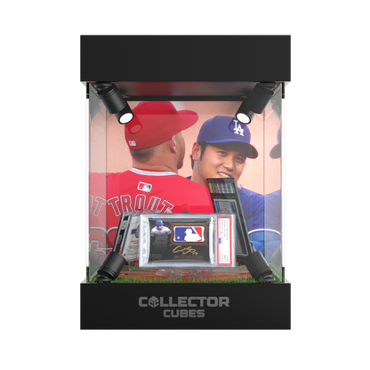 Acrylic trading card display case with LED lighting & rotating base - Baseball edition.