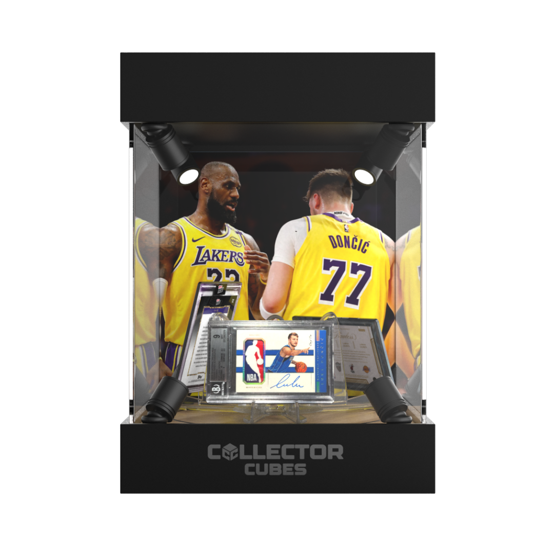 Acrylic trading card display case with LED lighting & rotating base - Basketball edition.