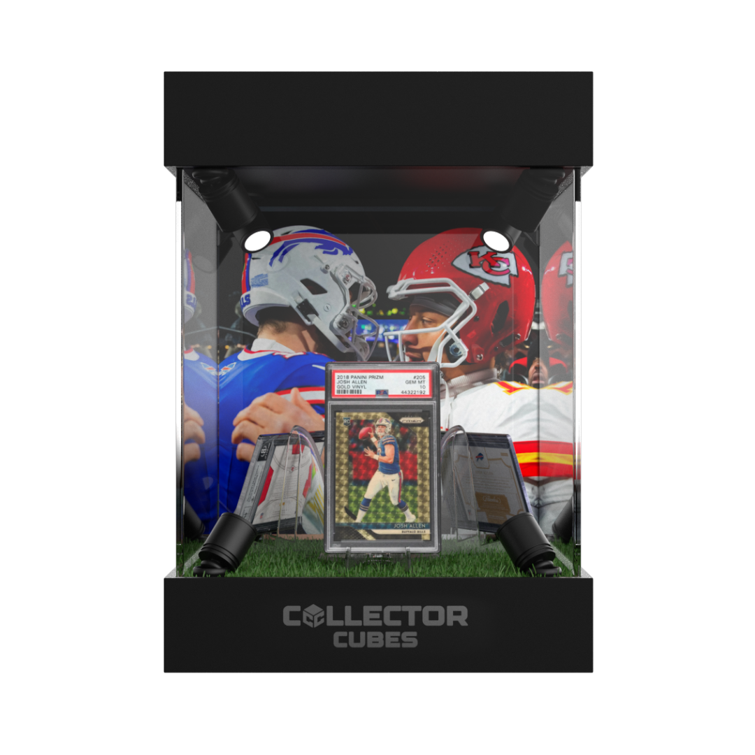Acrylic trading card display case with LED lighting & rotating base - Football edition.