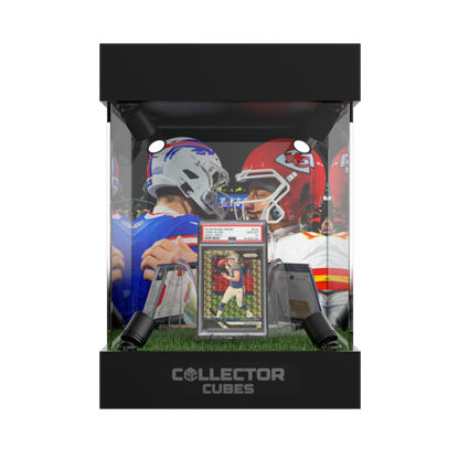 Acrylic trading card display case with LED lighting & rotating base - Football edition.