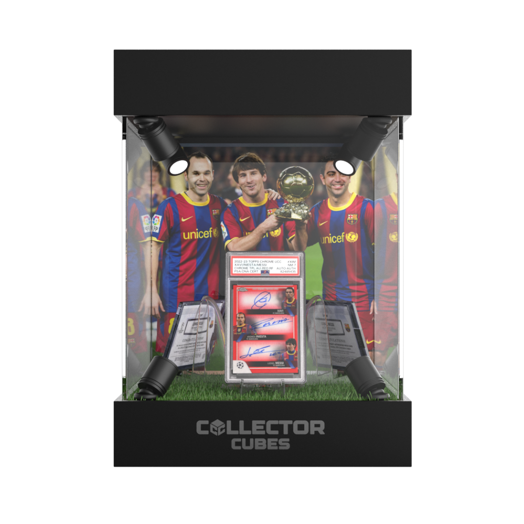 Acrylic trading card display case with LED lighting & rotating base - Soccer edition.