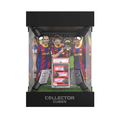 Acrylic trading card display case with LED lighting & rotating base - Soccer edition.